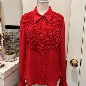 Vintage Zola Silk 70’s Tuxedo Blouse, Ruffles and beaded red